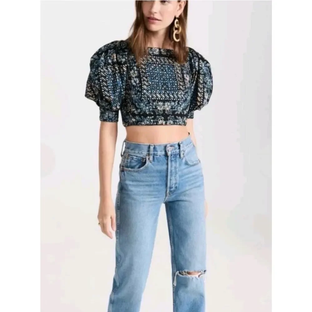 Ulla Johnson Crop Blue Floral Square Neck Lace-Up Back Puff Sleeve Blouse Sz 0
